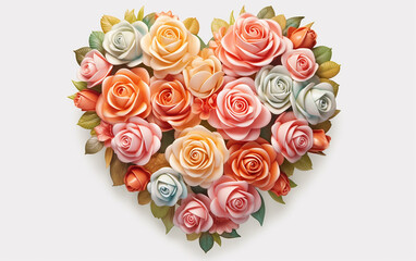 heart shaped rose bouquet, A romantic display is achieved with vintage flowers and rose leaves arranged in the shape of a heart.   Generative AI