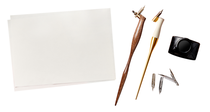 Traditional calligraphy pencils and paper isolated. Calligraphy, arts, lettering concepts.