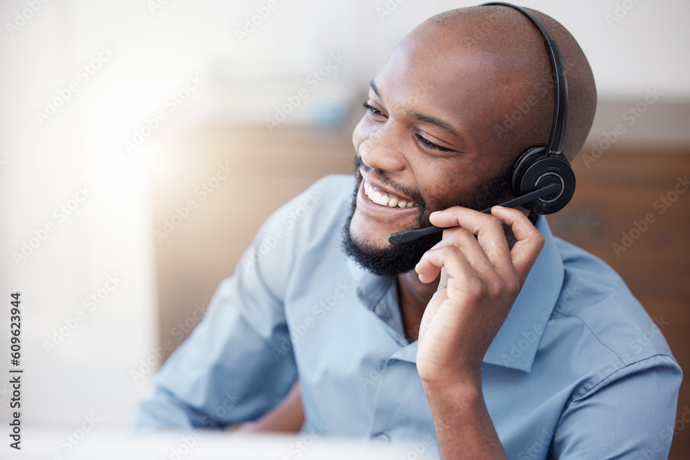 Poster call center, black man and happy agent working on computer in the office, business in telemarketing 