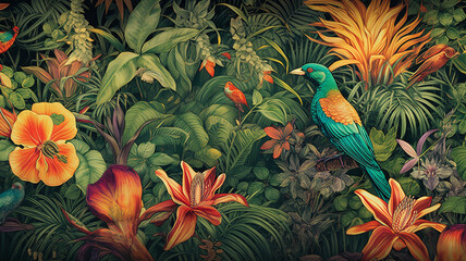 Wallpapermotiv im Dschungellook. Grüne Blätter, tropische Bumen, Vögel, etc.
 - obrazy, fototapety, plakaty