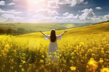 a girl in flower dress with her arms wide open while standing in a meadow of yellow flowers, generative AI