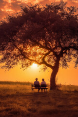 Obraz na płótnie Canvas Älteres Paar mit weißen Haaren, Händchen haltend, sitzt auf einer Bank unter einem großen Baum auf einer Wiese im Nachglühen der untergehenden Sonne