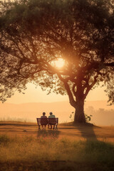 Älteres Paar mit weißen Haaren, Händchen haltend, sitzt auf einer Bank unter einem großen Baum auf einer Wiese im Nachglühen der untergehenden Sonne - obrazy, fototapety, plakaty