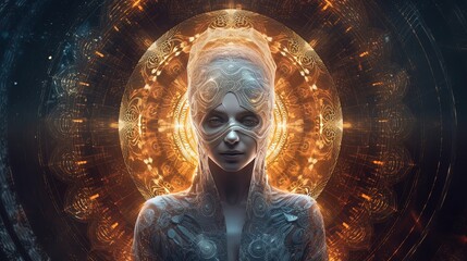 brain power concept illustration of close up human face with glitter glow light, Generative Ai