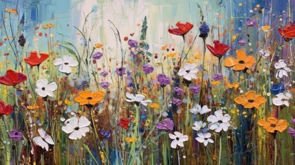 oil painting of colorful flowers in the meadow, generative ai
