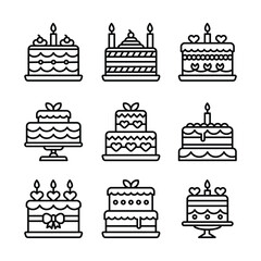 Set of birthday cake line art vector