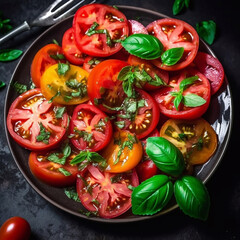 salad of fresh red and yellow tomato with basil. Generative AI