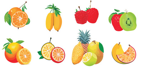 Vector set of exotic fruits and berries (orange, banana, raspberry, strawberry, kiwi, pineapple, lemon) with green leaves isolated on a white background.