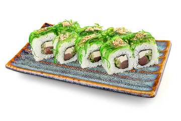 Tuna uramaki on a white background , classic Japanese sushi. Traditional Japanese food with maki. Delicious pieces of sushi. For the restaurant menu. copyspace