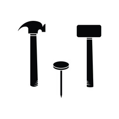 Hammer tool nail hardware equipment vector icon black and white silhouette illustration isolated on square template. Simple flat vector icon minimalist industrial object drawing on white background.