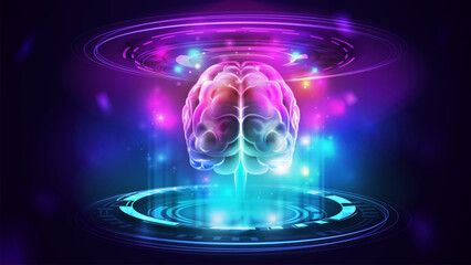 Blue and pink digital podium with artificial Intelligence computer database concept with neural network in form of hologram brain inside digital podium.