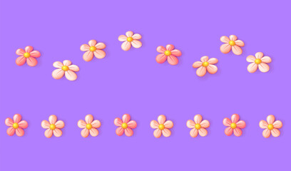 Garlands of 3D pink flowers. Floral borders. 3D vector objects