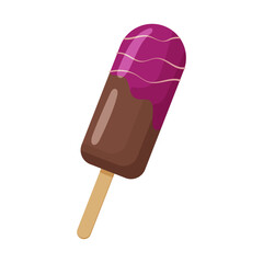 Ice cream covered with chocolate with fruit pink glaze on wooden stick. Ice cream eskimo dessert isolated on white background. Vector illustration