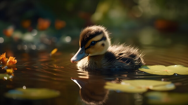 Cute Little Duckling Swimming on the Lake in the Morning of Sunny Day. Beautiful Nature Picture Generative AI