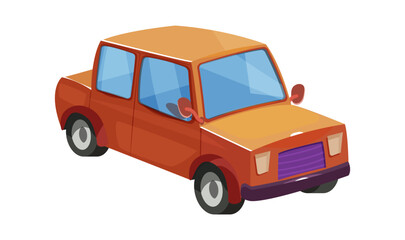 Red car toy isolated on white background. City vehicle in cartoon flat style. Automobile transport can be print for children education. Vector illustration