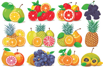 Vector set of exotic fruits and berries (lemon, pear, orange, pineapple, grape, mulberry, strawberry) with green leaves isolated on a white background.