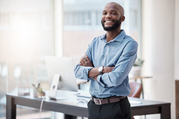 Black man in business, arms crossed and smile in portrait with confidence, mockup space and...