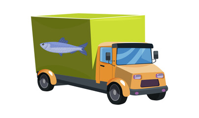 Seafood delivery truck with fish emblem on green trailer. City logistics vehicle for fresh food market isolated on white background. Vector illustration