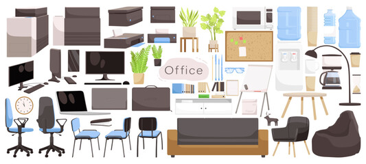 Set of office furniture computer, armchair, sofa, table, pouf, plant. Workplace design elements for open space office in urban city. Collection of icons for business cabinet. Flat Vector illustration