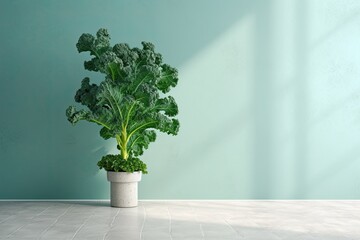 0414. Kale in front of light pastel wall. Generative AI