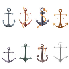 Set of different types of steel Anchors icons. Ship anchors various collection. Golden and silver Anchors logo in different shapes isolated on white background. images for button. Vector illustration © GN.STUDIO