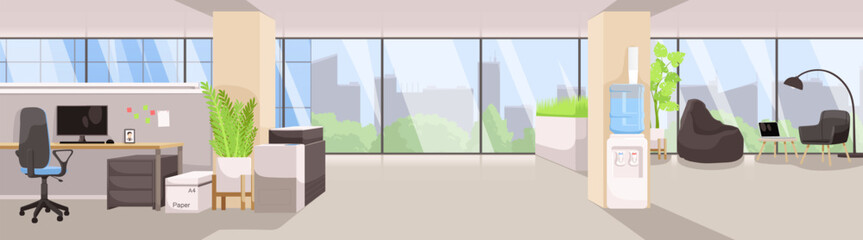 Modern office interior with big windows. Office furniture and plant on the floor. Workplace open space in big urban city. Nobody in empty room. Panoramic view of corporate. Flat Vector illustration