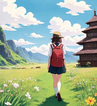 A little girl travelling with backpack in field of fantasy world, children’s story book, Generative AI Art Illustration 01