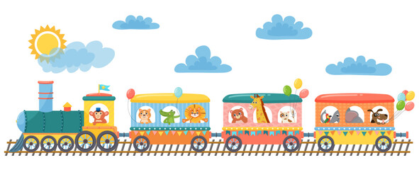 Cute animals on funny train. Happy children animal in railroad. Little zoo pets ride on toy locomotive. Elephant, giraffe, monkey and lion in transportation train. Cartoon Vector illustration