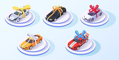 Car gift concept. Automobile with bow ribbon. 3D isometric design. Best offer cars for sale, rent, template. Isolated on white background. Presentation, show speed race vehicle. Vector illustration