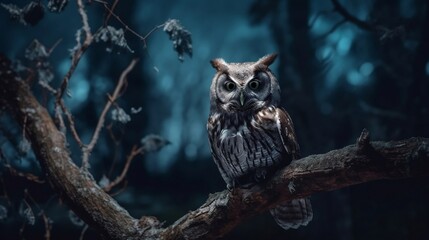 Owl on the tree branch under moonlight mysterious vibe sinister. Generated AI