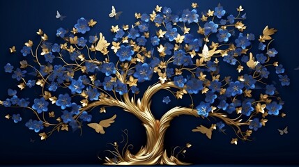 Elegant gold and royal blue floral tree with seamless leaves and flowers hanging branches illustration. AI Generative