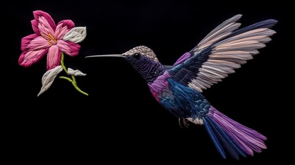 Yarn painting of Hummingbird in flight with purple, pink flower isolated on black background. Generative AI
