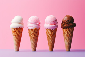 Multiple ice creams in a cone on a pink background created with AI generative tools