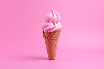 pink ice cream in a cone on a pink background created with AI generative tools