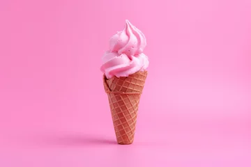 Foto auf Alu-Dibond pink ice cream in a cone on a pink background created with AI generative tools © World of AI