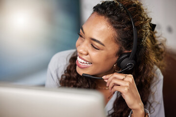 Funny, headset or happy woman in call center for communication at telecom customer service. Microphone, smile or friendly sales agent consulting, talking or laughing at joke in tech support help desk
