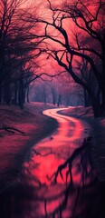 Fantastic and fabulous magic forest with purple and pink light, road to the forest