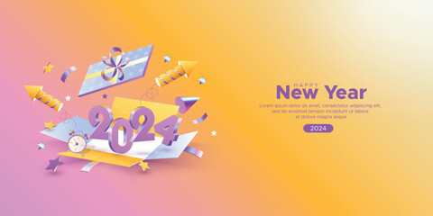 Happy new year 2024 celebration template. 2024 new year celebration concept with 3D number and gift box