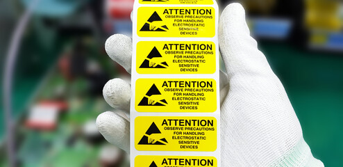 Yellow caution label in electronic industry,CAUTION Electrostatic Sensitive Device for handling in...