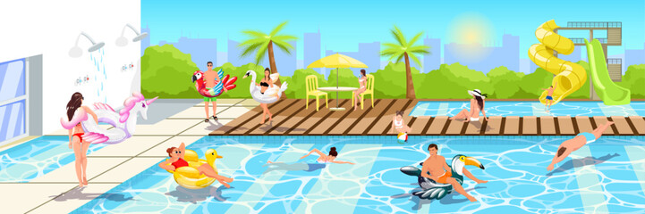 Men and women enjoy in luxury hotel resort. Summer time weekend in swimming pool. Young people have sunbathing and fun in pool activity. Landscape of water park lounge area. Vector illustration