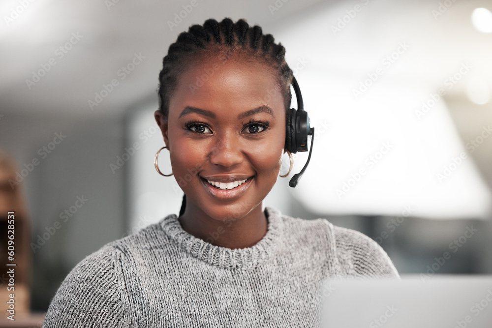 Poster Portrait, call center and black woman with a smile, telemarketing and customer service with headphones. Face, female person and agent with happiness, help and tech support with consultant and advice