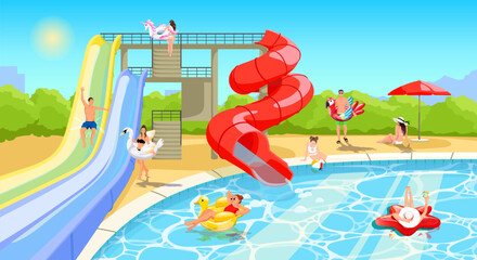 Happy people enjoy waterpark. Summer time vacation in swimming pool, water park landscape. Family activity. People slides pipes, kids playing and swim on inflatable circle animal. Vector illustration