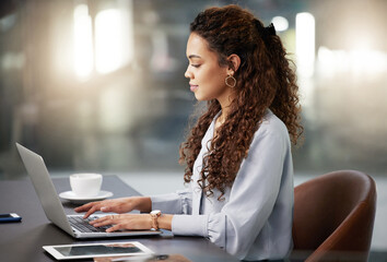Focus, laptop and search with business woman in office for social media, networking and corporate....