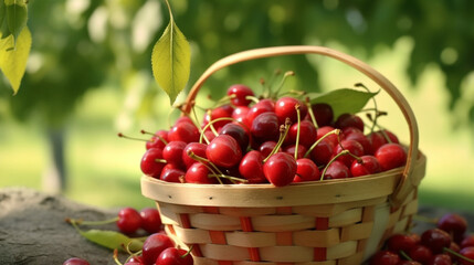 Fototapeta na wymiar There are cherries in the basket in the cherry orchard