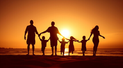 Fototapeta na wymiar Happy family jumping together on the beach silhouette,