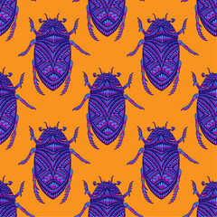 Seamless pattern with psychedelic cartoon bizarre beetle, isolated on orange. Decorative texture with colorful insect gradient bright color. Doodle style background with bug.