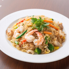 bowl of shrimp fried rice on wooden background, generative ai