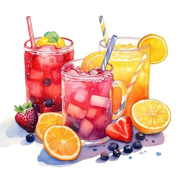 Cocktails with fresh fruits, berries and ice cubes. AI generated. Cold fruit drinks. Watercolor illustration. AI generated