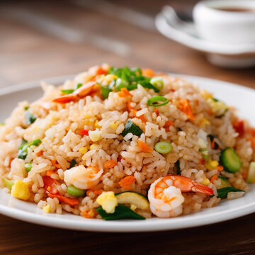 colorful image of  fried rice with shrimp and  vegetables. Generative AI