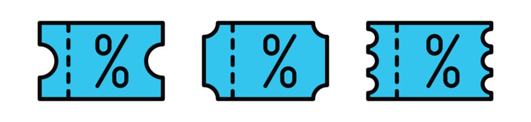 Discount coupon ticket icon. Gift or shopping voucher icon vector set in line, flat, and color style for apps and websites. Sale, price, percent. Vector illustration